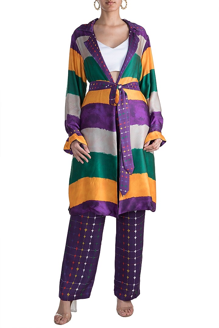 Purple Stripe Printed Reversible Coat With Belt by Saaksha & Kinni at Pernia's Pop Up Shop